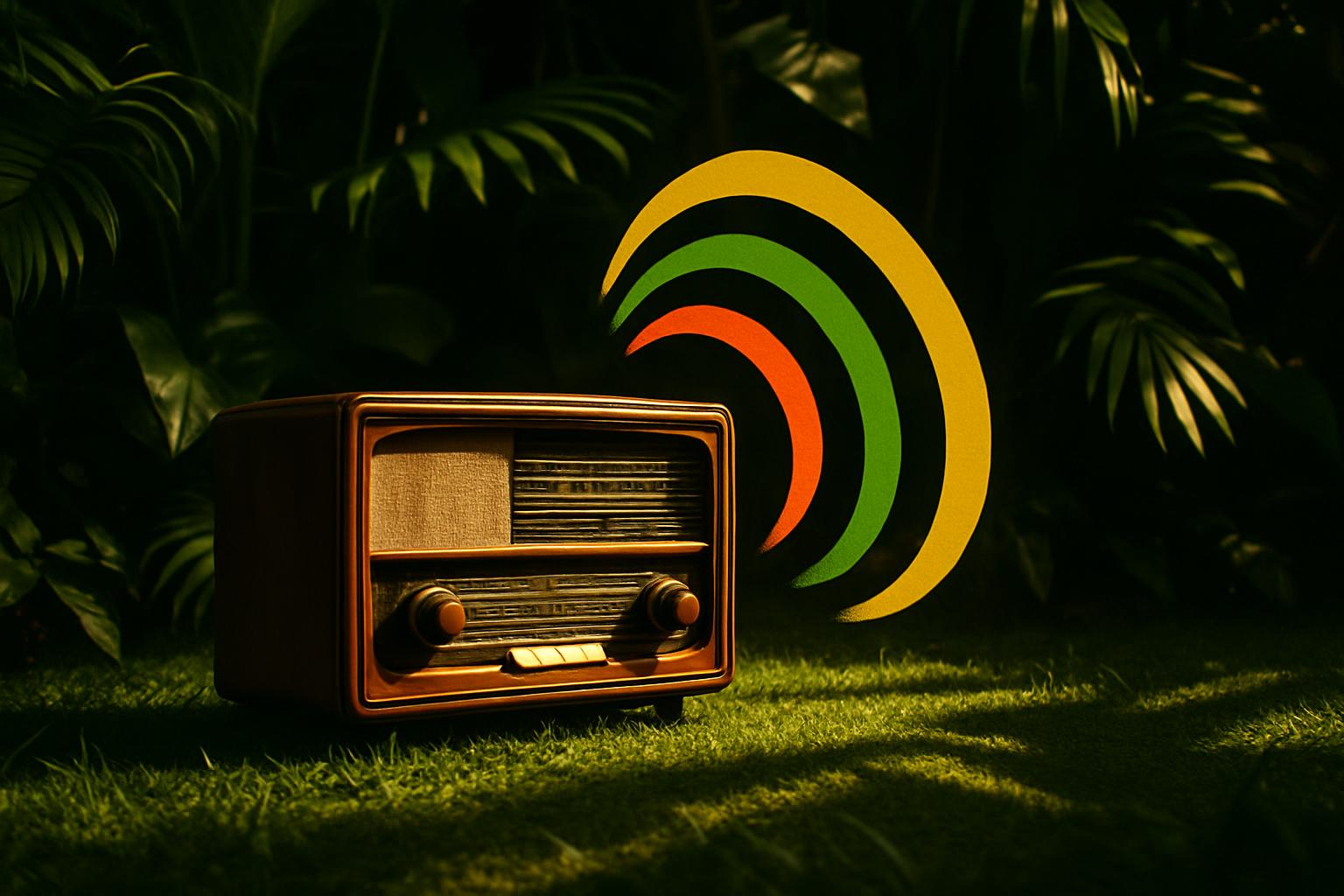 antique wooden radio sitting on grass with plants behind it, that bicolor sound wave curve is behind. The style makes it l...