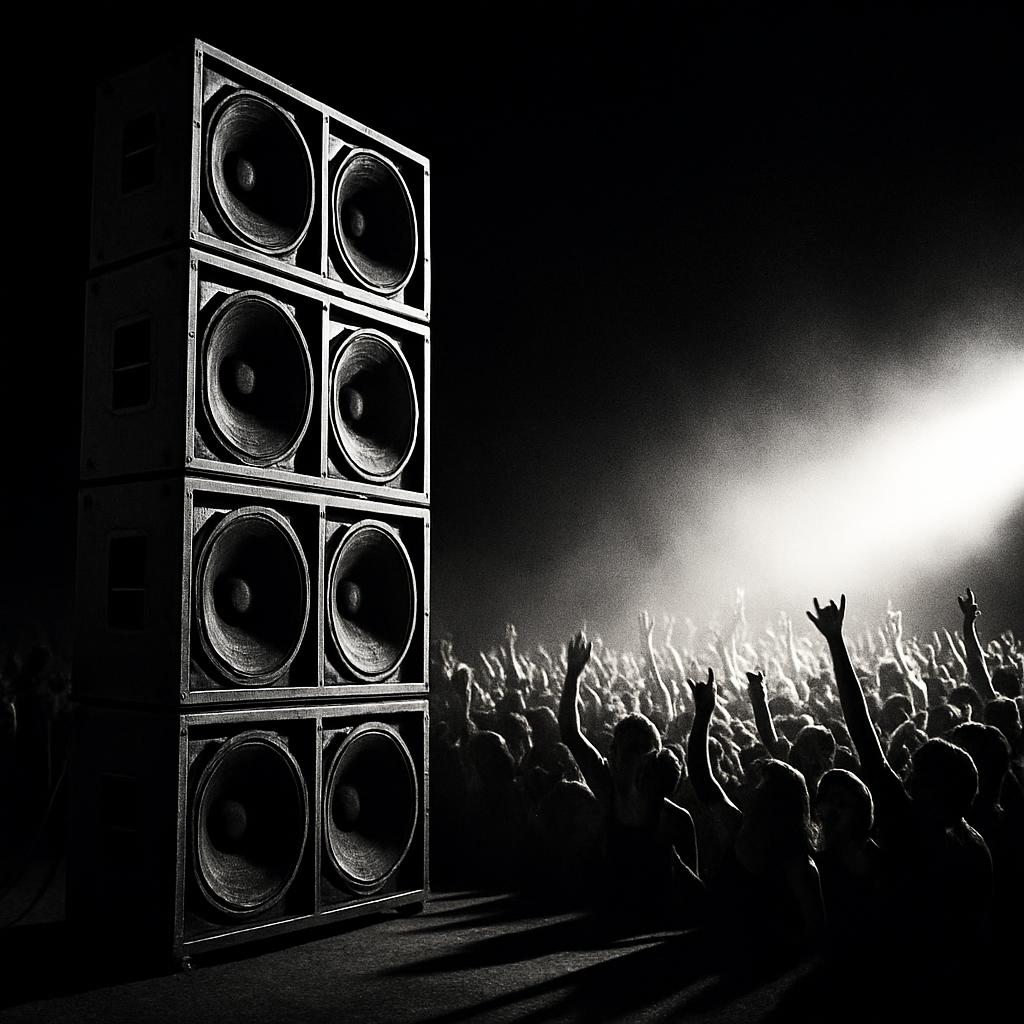 A large stage speaker tower at a concert, with a crowd of people in front of it.
