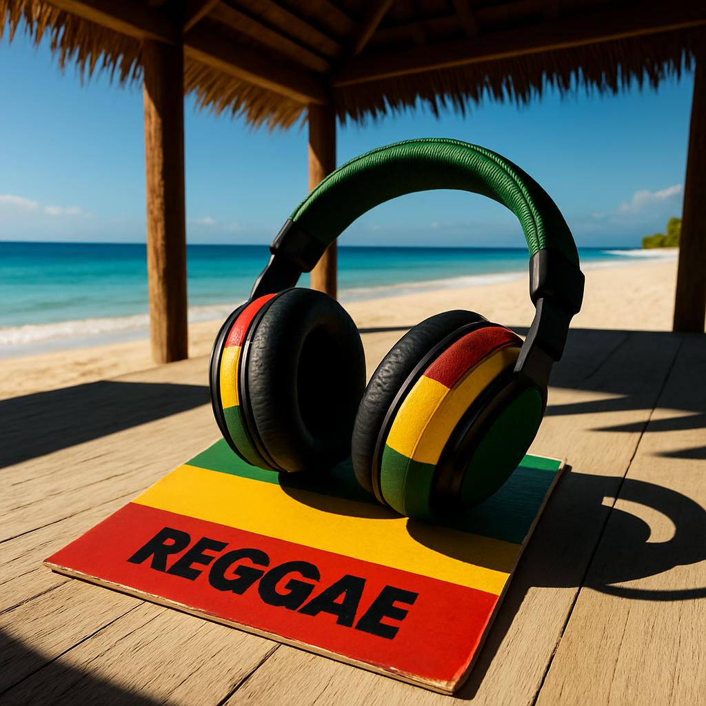 A pair of Reggae-style headphones rests on a wooden surface with a bold red, yellow, and green sign bearing the word "REGG...